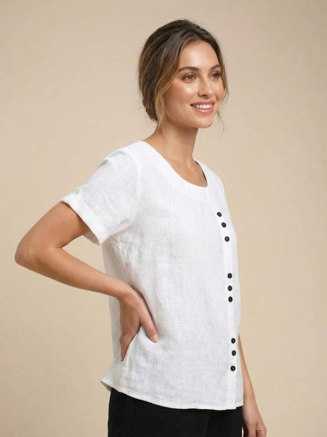 Foreen | Dames Casual Scoop Neck Knopdetail Korte Mouwen Top