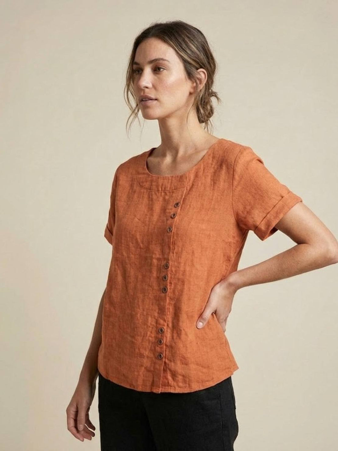 Foreen | Dames Casual Scoop Neck Knopdetail Korte Mouwen Top