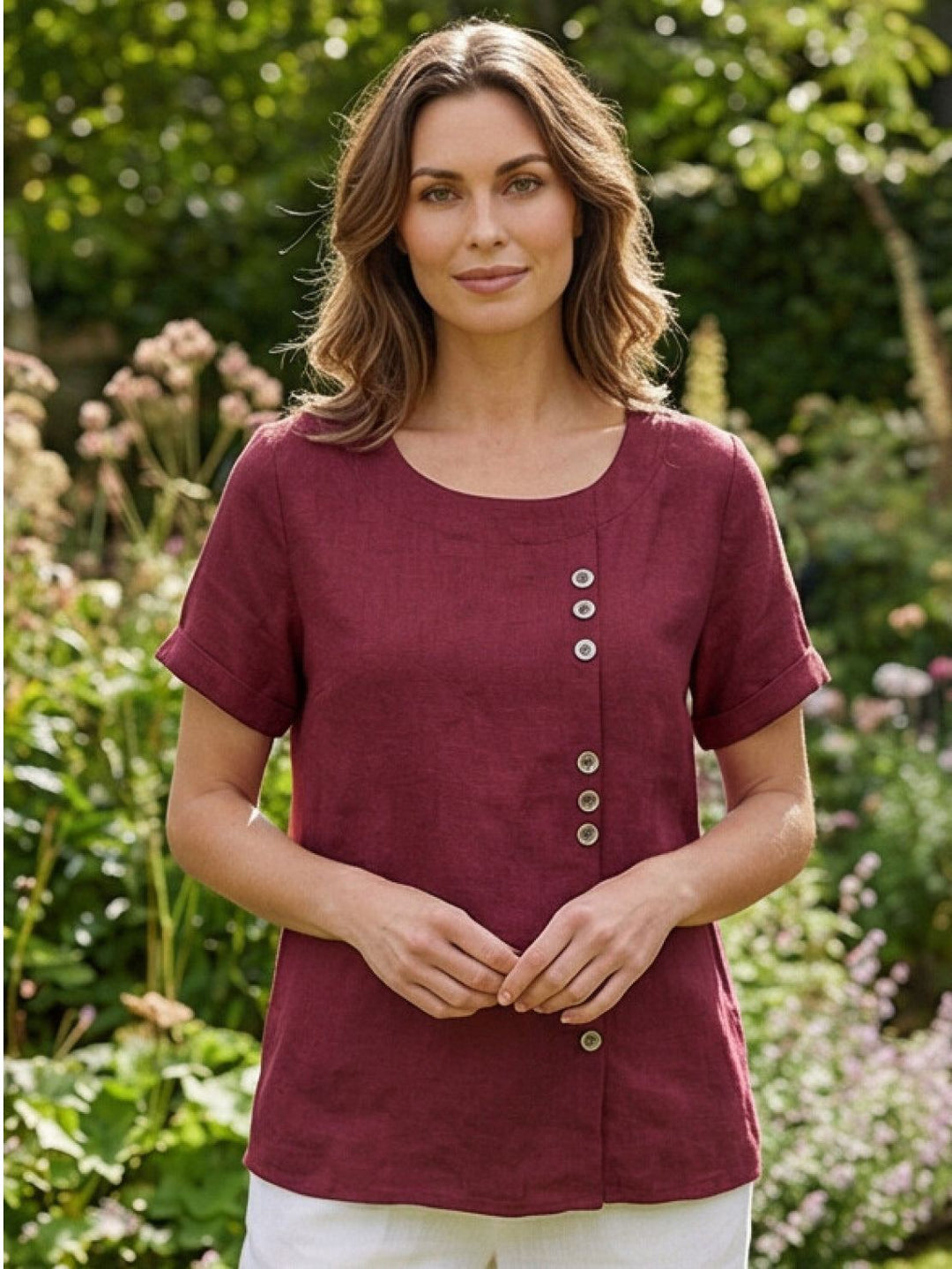Foreen | Dames Casual Scoop Neck Knopdetail Korte Mouwen Top