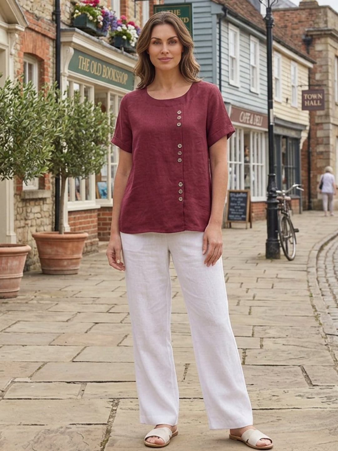 Foreen | Dames Casual Scoop Neck Knopdetail Korte Mouwen Top