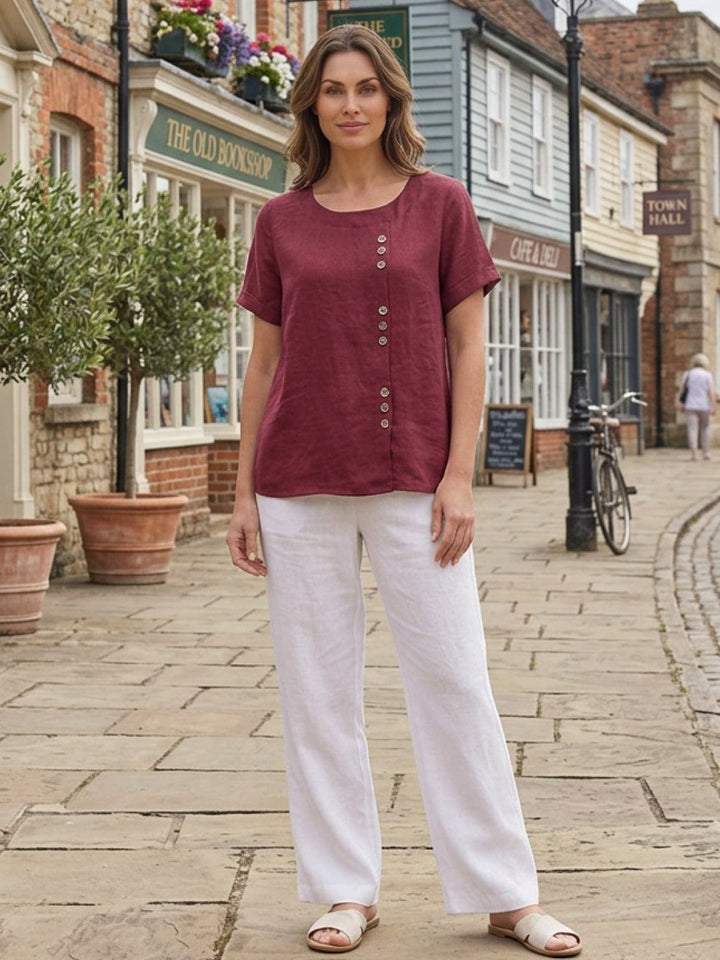 Foreen | Dames Casual Scoop Neck Knopdetail Korte Mouwen Top