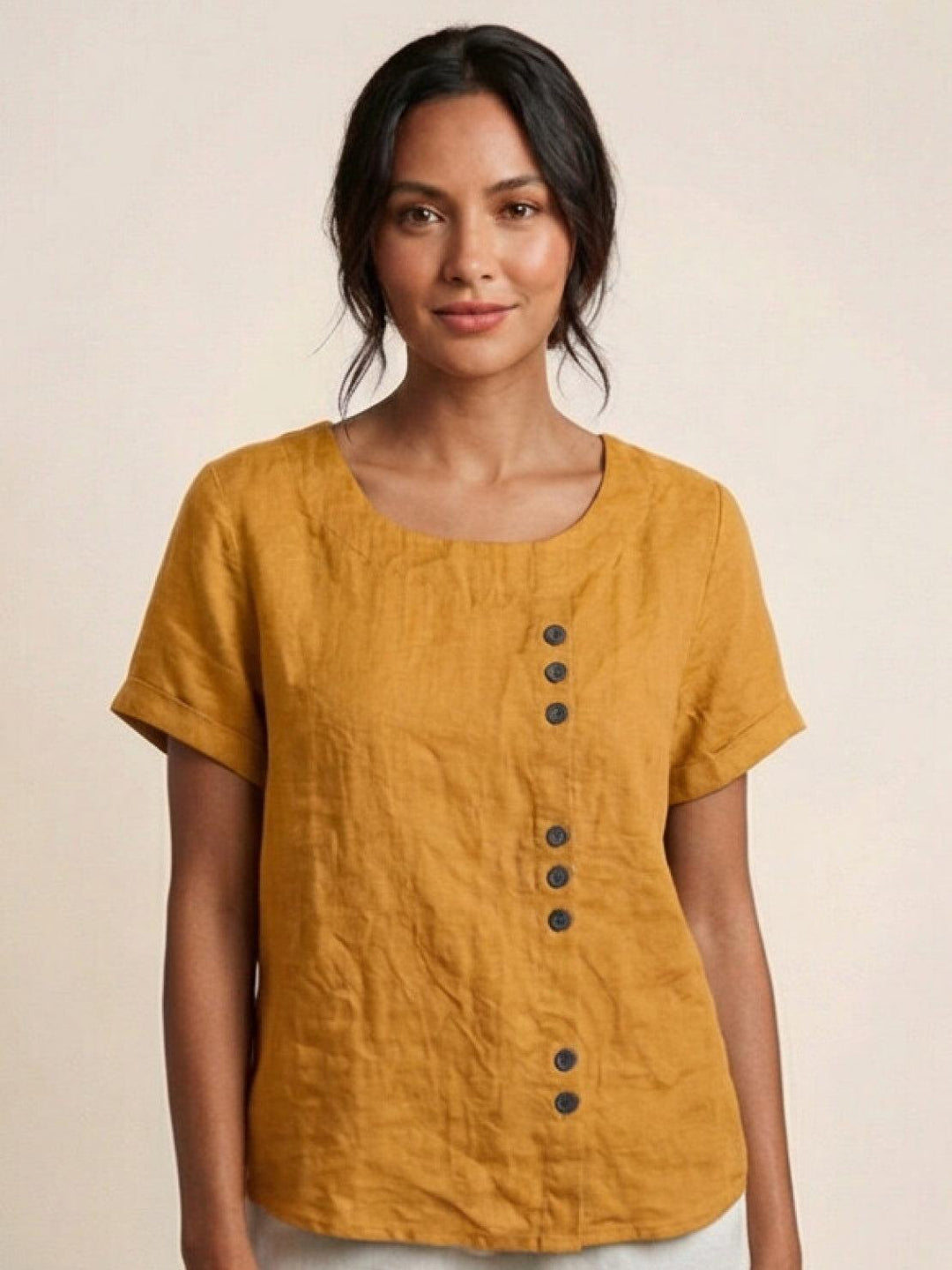Foreen | Dames Casual Scoop Neck Knopdetail Korte Mouwen Top