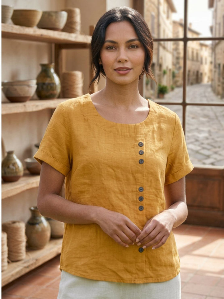 Foreen | Dames Casual Scoop Neck Knopdetail Korte Mouwen Top