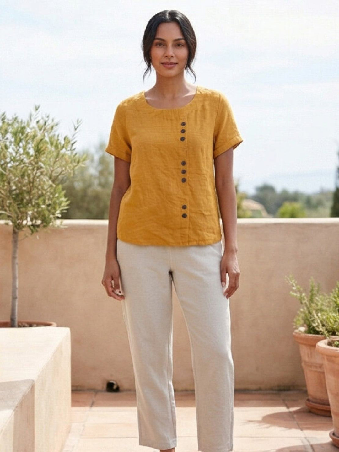 Foreen | Dames Casual Scoop Neck Knopdetail Korte Mouwen Top