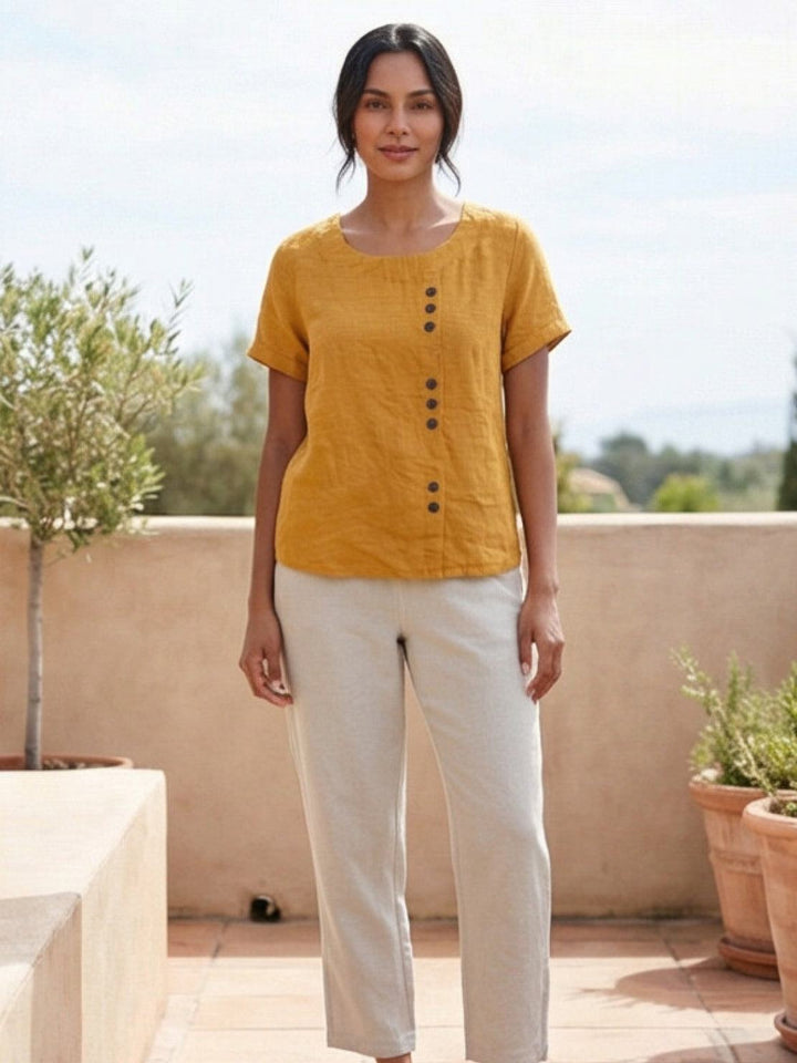 Foreen | Dames Casual Scoop Neck Knopdetail Korte Mouwen Top