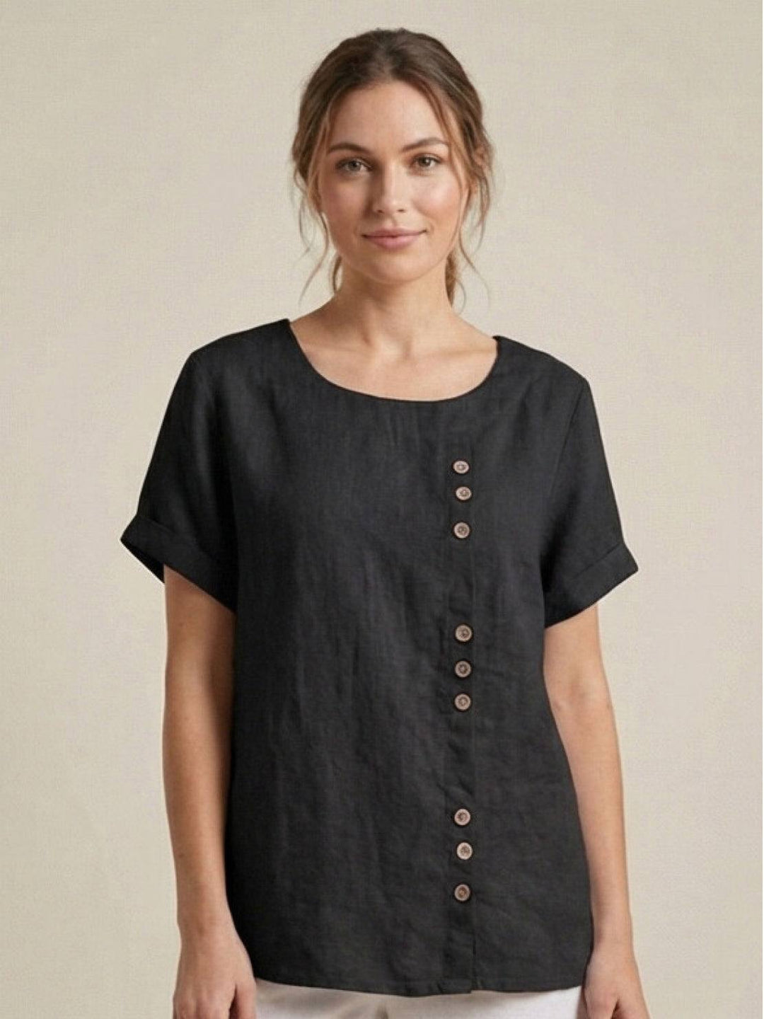 Foreen | Dames Casual Scoop Neck Knopdetail Korte Mouwen Top
