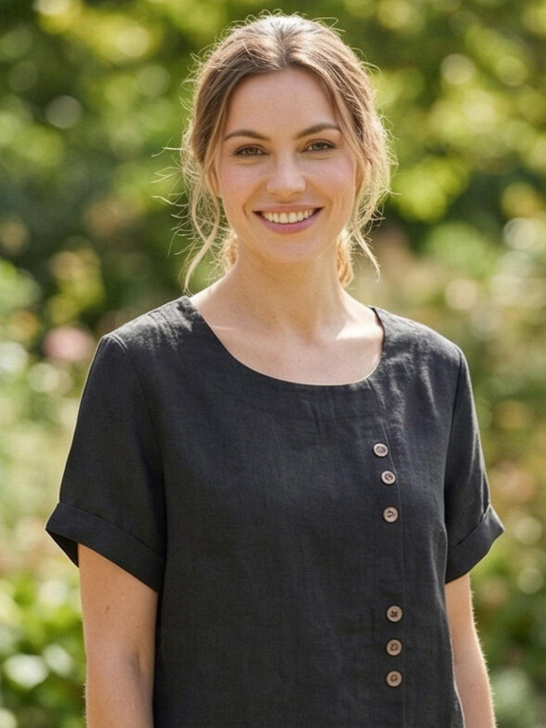Foreen | Dames Casual Scoop Neck Knopdetail Korte Mouwen Top