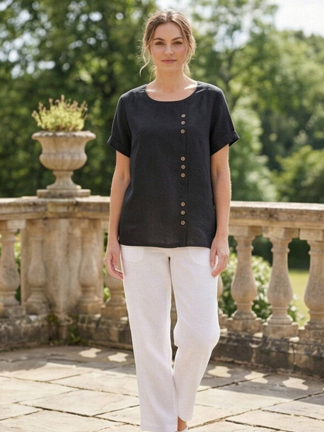 Foreen | Dames Casual Scoop Neck Knopdetail Korte Mouwen Top