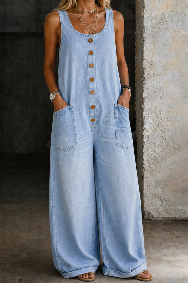 Remy | Dames Overalls met Knopen en Brede Pijpen