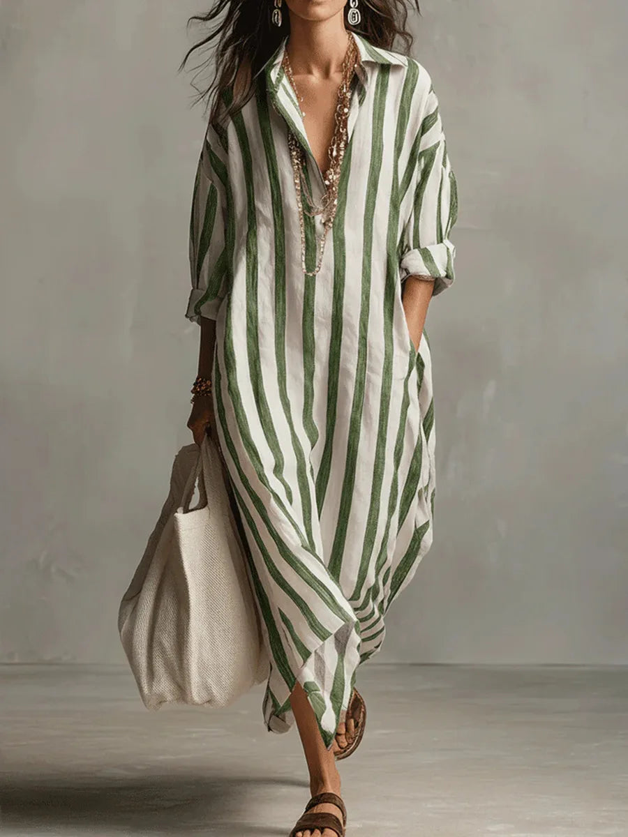 Rosalinda | Vrouwen Gestreepte Lange Mouw Maxi Shirt Jurk