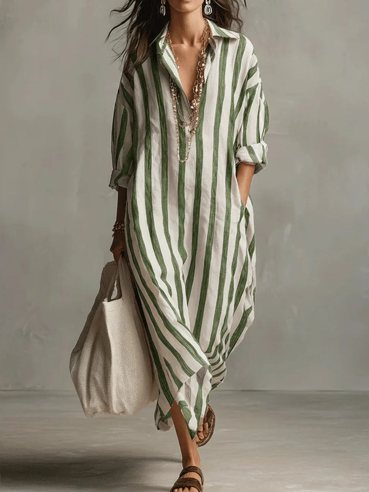 Rosalinda | Vrouwen Gestreepte Lange Mouw Maxi Shirt Jurk