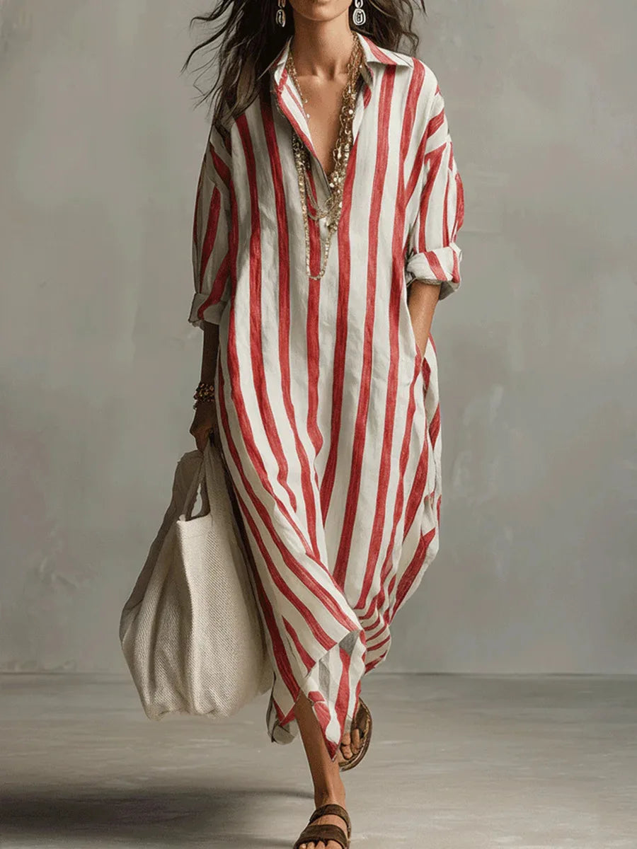 Rosalinda | Vrouwen Gestreepte Lange Mouw Maxi Shirt Jurk