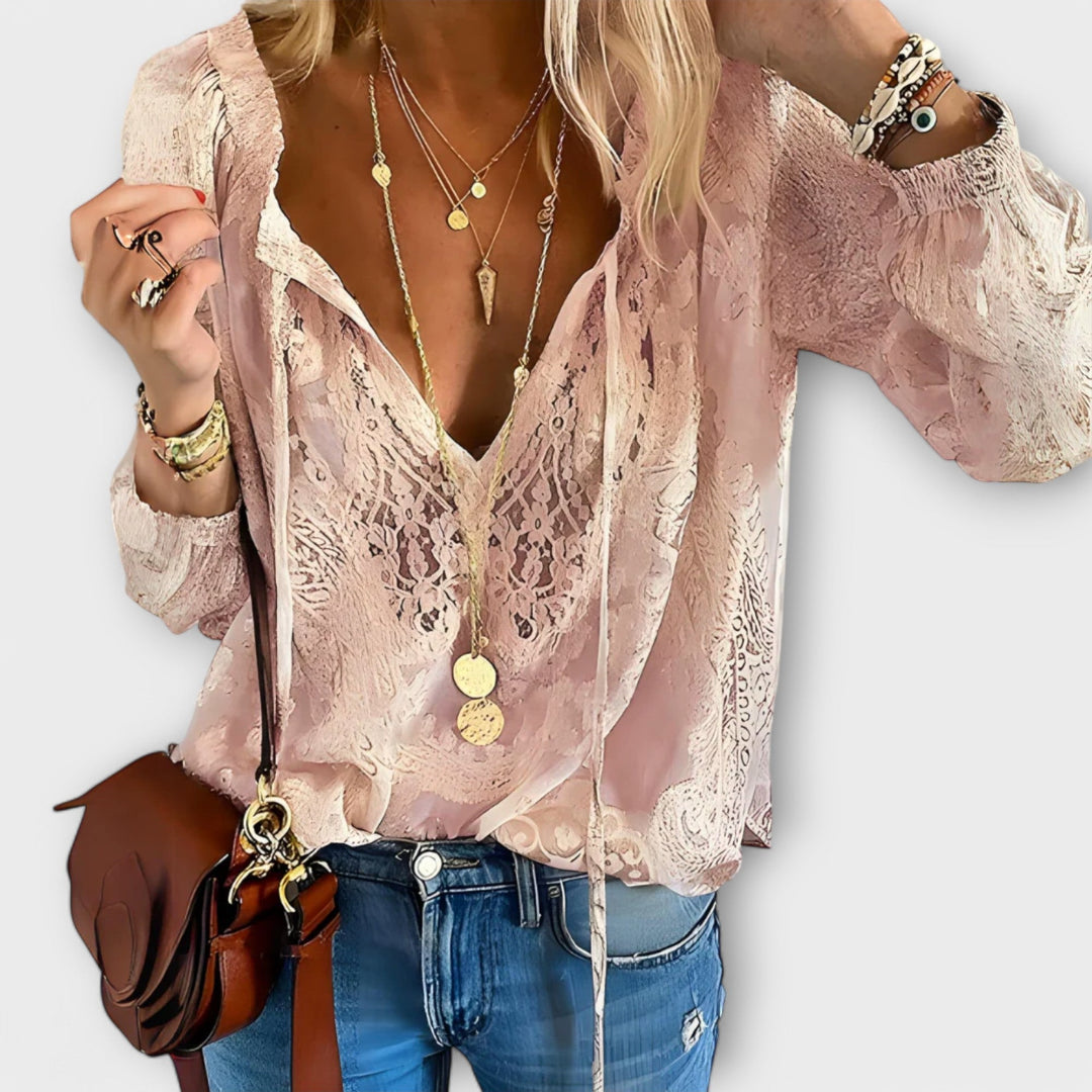 Rosalynn | Dames V-Hals Lange Mouwen Kant Blouse