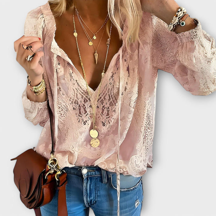 Rosalynn | Dames V-Hals Lange Mouwen Kant Blouse