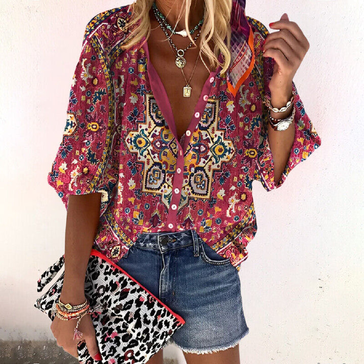 Zara | Dames Boho Print Blouse V-Hals Lange Mouw Knopsluiting