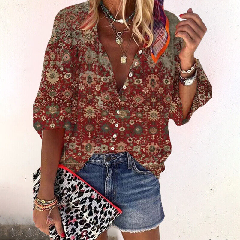 Zara | Dames Boho Print Blouse V-Hals Lange Mouw Knopsluiting