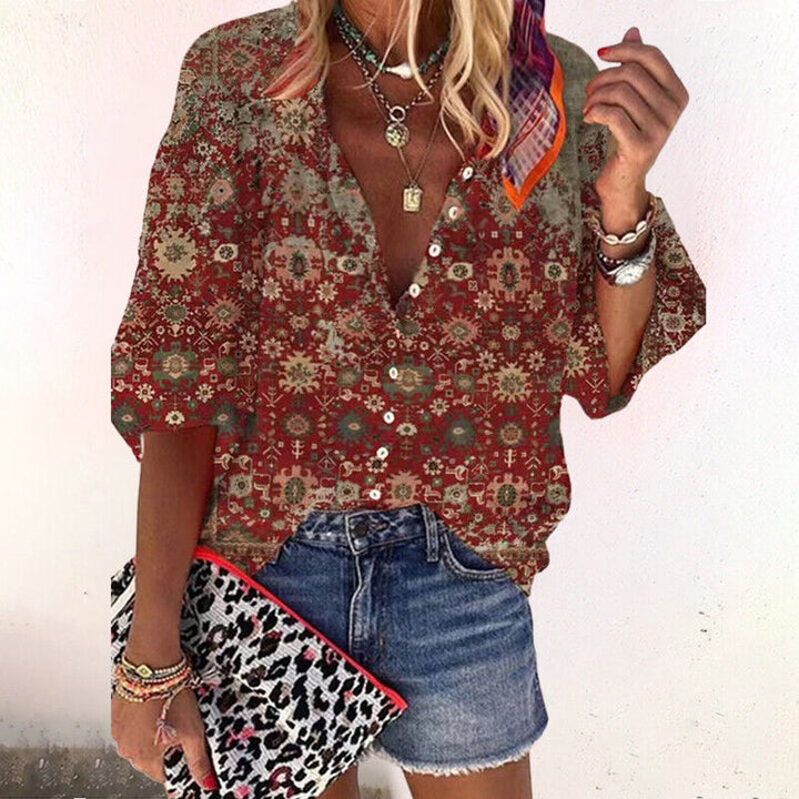 Zara | Dames Boho Print Blouse V-Hals Lange Mouw Knopsluiting