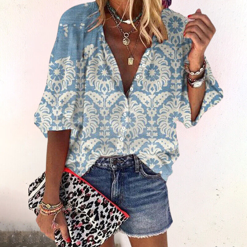 Zara | Dames Boho Print Blouse V-Hals Lange Mouw Knopsluiting