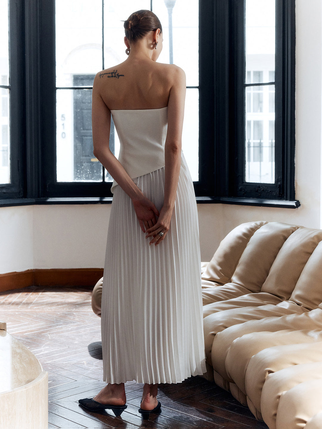 Wenen | Dames Strapless Plissé Maxi Jurk met Zijsplit
