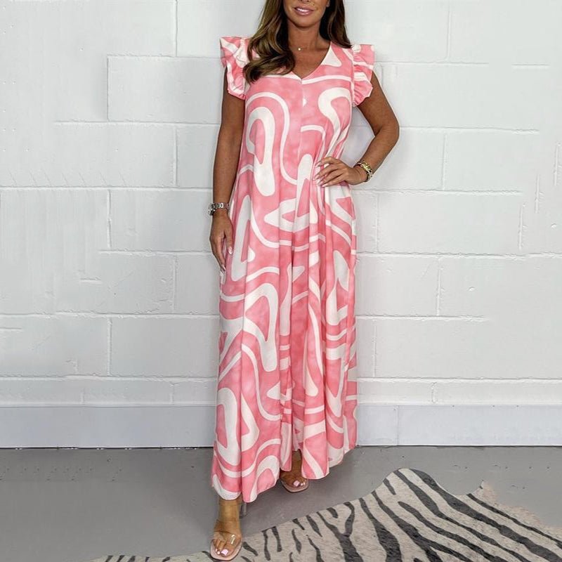 Nova | Dames Abstracte Print V-Hals Ruffle Mouw Wijde Pijpen Jumpsuit
