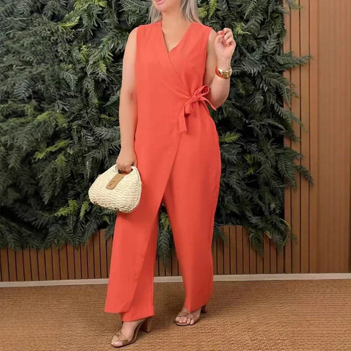 Koraal | Dames Wrap V-Hals Mouwloos Brede Pijpen Jumpsuit met Ceintuur