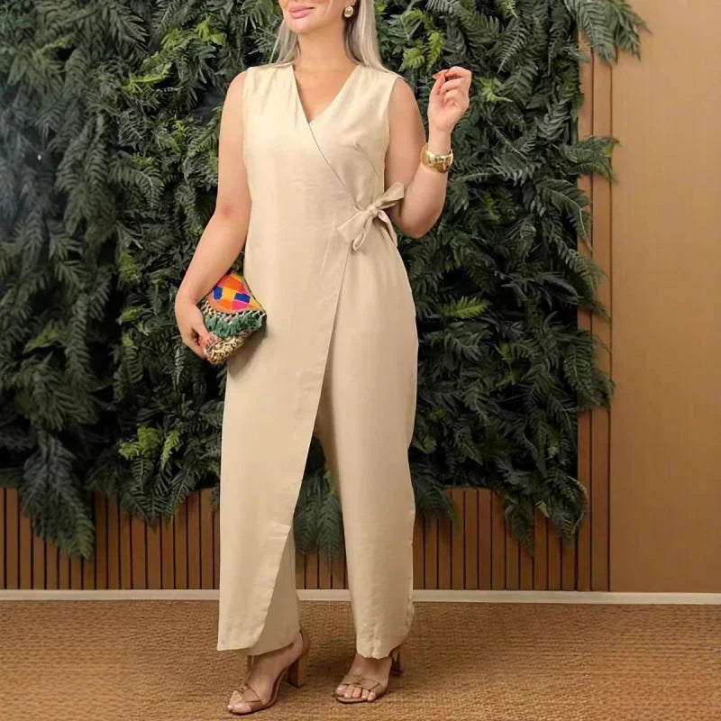Koraal | Dames Wrap V-Hals Mouwloos Brede Pijpen Jumpsuit met Ceintuur