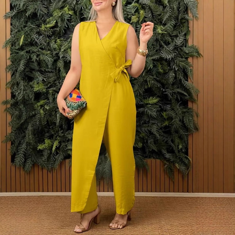 Noir | Dames Mouwloze Jumpsuit Wrap V-Hals Strik Taille Casual