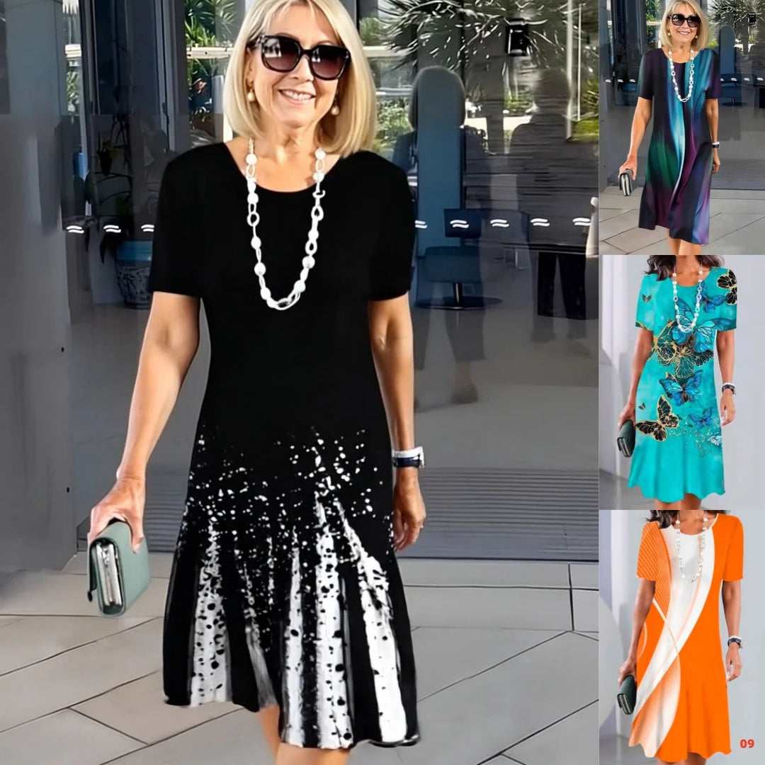 Vivid | Dames Print Midi Jurk Korte Mouwen A-Lijn Casual