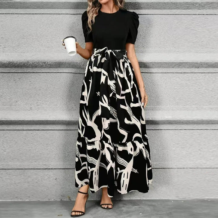Elise | Dames Maxi-jurk met Pofmouwen en Bloemenprint met Strik Taille