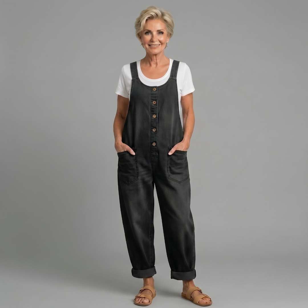 Winifred | Dames Wijde Pijpen Knop Front Overalls