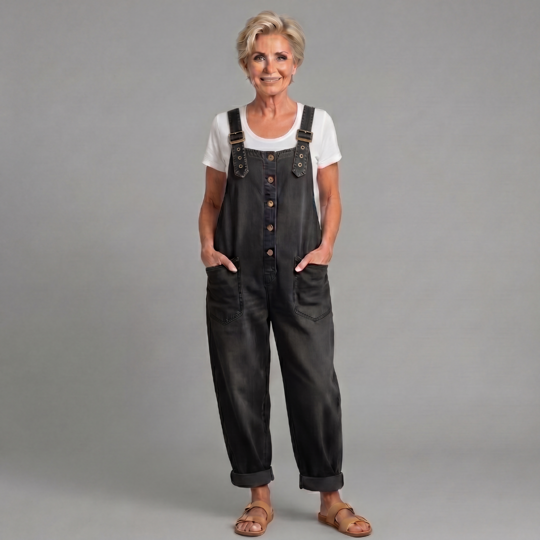 Winifred | Dames Wijde Pijpen Knop Front Overalls